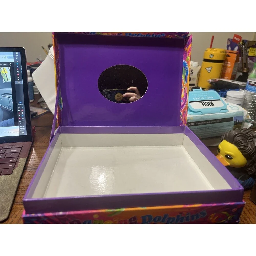 Vintage Lisa Frank Dancing Dolphins Jewelry Stationary Keepsake Box w/Mirror